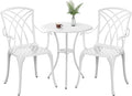 White Bistro Table and Chairs Set of 2, Cast Aluminum White Bistro Set Outdoor, Patio Bistro Sets with Umbrella Hole, Round Back Yard Set for Porch Balcony Garden