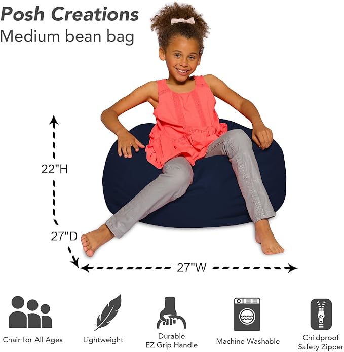Posh Creations Bean Bag Chair for Kids, Teens, and Adults Includes Removable and Machine Washable Cover, Solid Navy Blue, 27in - Medium
