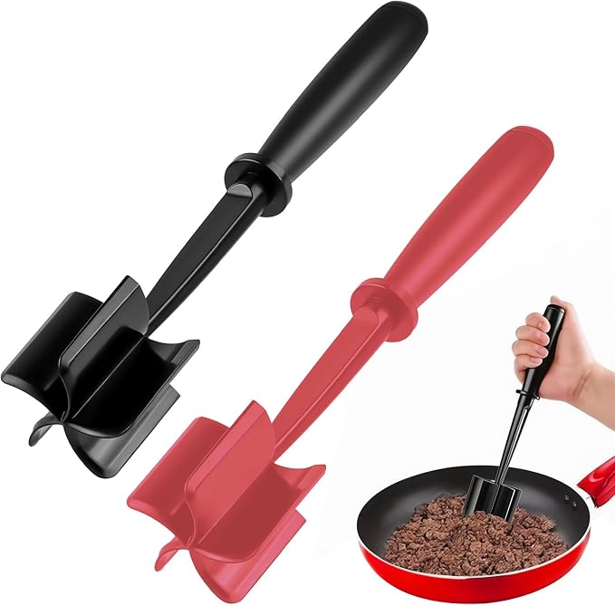 2Pcs Ground Beef Chopper Tool, Meat Masher Ground Beef Heat Resistant Meat Spatula Chopper Hamburger Meat Chopper, Black+Red