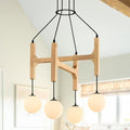 Natural Farmhouse Wood Chandeliers Vintage Milk Glass Pendant Light L24 '' Mid Century Long 4-Light Hanging Fixture for Living Dining Room Entryway Foyer Bedroom Kitchen,G9