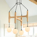 Natural Farmhouse Wood Chandeliers Vintage Milk Glass Pendant Light L24 '' Mid Century Long 4-Light Hanging Fixture for Living Dining Room Entryway Foyer Bedroom Kitchen,G9