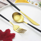 JASHII Silverware Set, 24-Piece Stainless Steel Flatware Set,Kitchen Utensil Set Service for 6,Tableware Cutlery Set for Home, Dishwasher Safe (Matte Black handle gold)