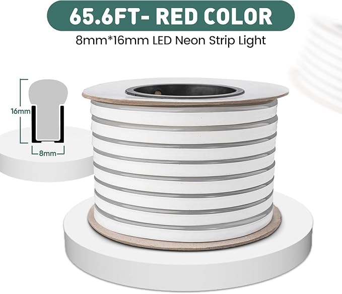 GZBtech Flexible LED Neon Rope Lights 66FT,AC 110-120V Waterproof Strip Light, 120 LEDs/M Cuttable Connectable Neon Lighting for Indoor Outdoor Home Decor/Commercial Building Use-Red 20M