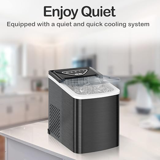 SPECILITE Ice Makers Countertop, Compact Counter Machine, Self Cleaning, 26L/24H, 9 Ice Cubes S/L Pellet in 6-8 Mins, Portable Icemaker with Pouch/Bag/Scoop/Basket for Home Kitchen Office Bar (Black)