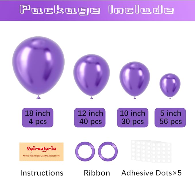 130pcs Metallic Purple Balloons Different Sizes 18" 12" 10" 5" Chrome Purple Latex Balloon Garland Arch Kit for Birthday Baby Shower Graduation Wedding Gender Reveal Party Decorations