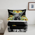 Highland Cow Bedding Set Kids Sunflower Floral Western Cow Bull Comforter Set for Girls Teens Farmhouse Wildlife Animal Comforter Black Duvet Set Room Decor Quilt Set Twin Size