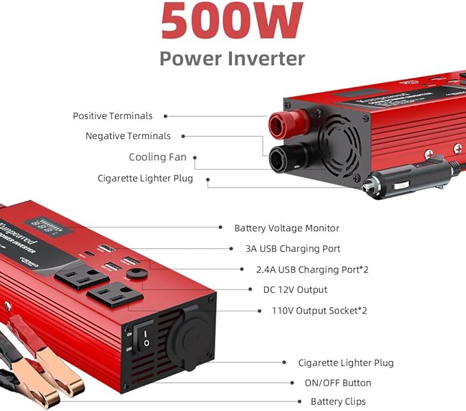 500W Power Inverter DC 12V to 110V Car Charger Converter with Dual USB Ports and 2 AC Outlets for Air Compressor Laptops, Road Trip Accessories (Red)
