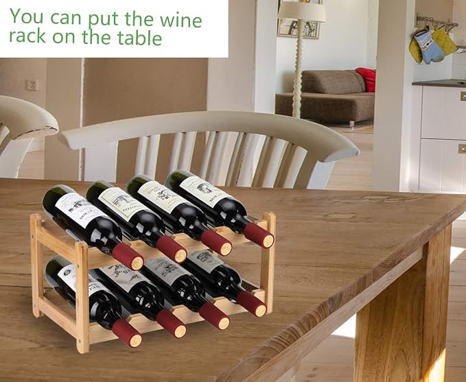Wine Rack 8 Bottle 2-Tier Eco-Friendly Bamboo Wine Storage Easy-Assembly Space-Saving for Wine Lovers,Kitchen Wine Organizer for Countertop,Pantry, Home,Room Decor,Bar