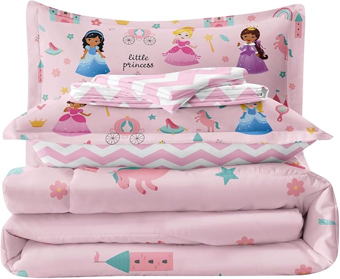 Kids Magical Princess Comforter Set Bed in a Bag Twin Size- 5 Piece Soft Cute Castle Bedding Set for Girls (1 Comforter, 1 Flat Sheet, 1 Fitted Sheet, 2 Pillowcases), Pink
