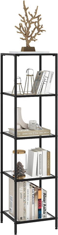 5-Tier Bookshelf,Metal Bookcase,Tempered Glass Shelves,Storage Rack Shelf for Home Office,Living Room,Bedroom, Bathroom,Modern Style, Black