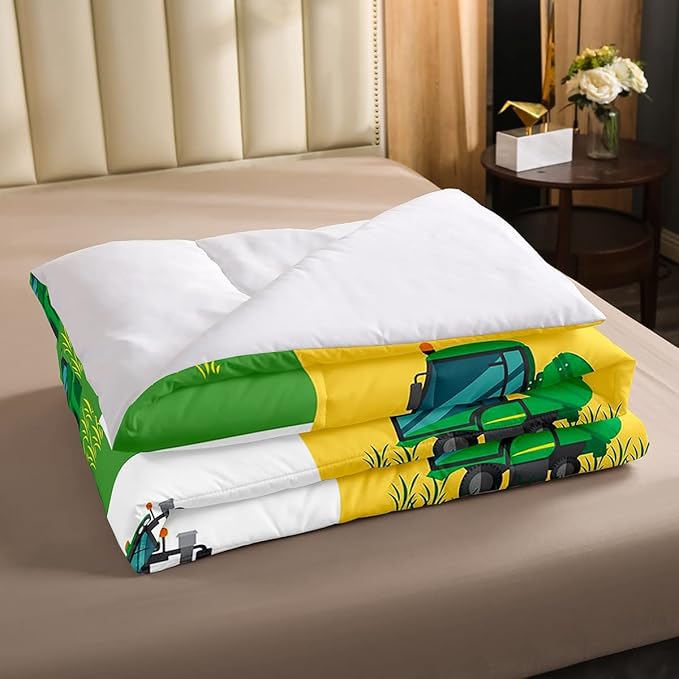 Boys Cartoon Truck Car Down Comforter Twin Size Kids Construction Vehicles Tractor Comforter Set for Kids Children Farm Excavator Bedding Set Construction Site Cars Duvet Set, Green Yellow