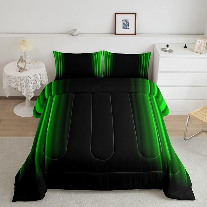 Feelyou Geometric Abstract Ombre Bedding Bed Set Men Adults Teens Green and Black Striped Comforter Set Kids Boys Girls Simple Modern Comforter Inner Fill Bedroom Collection 2Pcs Twin Size
