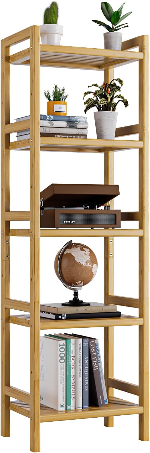 Tall Narrow Bookshelf, 5 Tier Bathroom Shelf Bamboo, Floor Standing Display Storage Organizer for Small Space, Adjustable Shelves, Natural Wood Bookcase