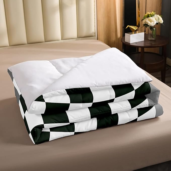 Racing Car Comforter Set, Cool Speed Race Car Down Comforter Twin for Kids Boys Girls Teens Bedroom, Automobile Extreme Sport Bedding Set Plaid Checkered Duvet Sets with 1 Pillowcase, Grey Green