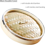 2-Tier Kitchen Bamboo Steamer with Stainless Steel Rings for Asian Cooking | Sauce Dish & 2-Chopsticks | Buns Dumplings Vegetables Fish Rice