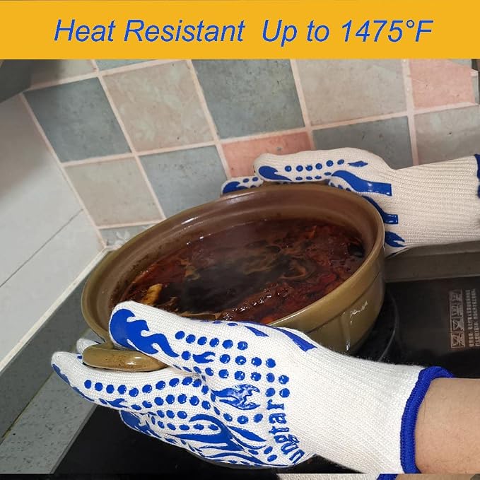 Oven Mitts Heat Resistant BBQ Proof Glove 11Inch 1472℉ Grill Glove Proof Heat for Women Men BBQ Gloves Gift Set Cooking Gloves for Cooking, Grilling, Baking, Welding (White Blue)