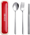 DEVICO Utensils for Lunch Box, Portabl Korean Chopsticks Fork and Spoon Set | 4Pcs 18/8 Stainless Steel Travel Silverware Set with Case, for Camping/School, for Kids/Adults, Dishwasher Safe, Beige-Red