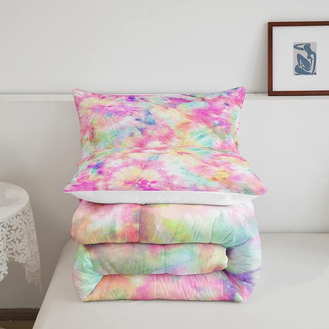 Erosebridal Kids Tie Dye Comforter Set, Bohemian Batik Down Comforter Twin Size, Boho Psychedelic Bedding Comforters for Children Girls Boys Teens Bedroom, Trippy Tattoo Watercolor Quilted Duvet