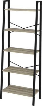 Ladder Shelf, Bookshelf Bookcase, Freestanding Corner Storage Shelve with 2 Hooks for Home Office, Living Room, Kitchen, Bedroom, Industrial, 5-Tier Greige BC19305B