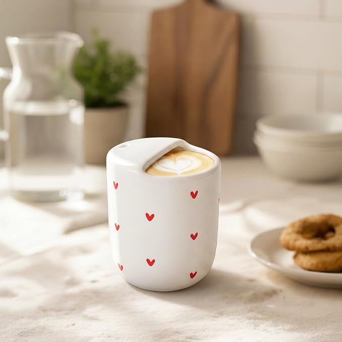 Ceramic Mug with Sip Hole 10 oz Novelty Red Heart Ceramic Coffee Mug Hand Painted Travel Mugs Heat Resistant Non Slip Built in One Lid Handcraft Mugs for Coffee Lovers Appreciation Gift