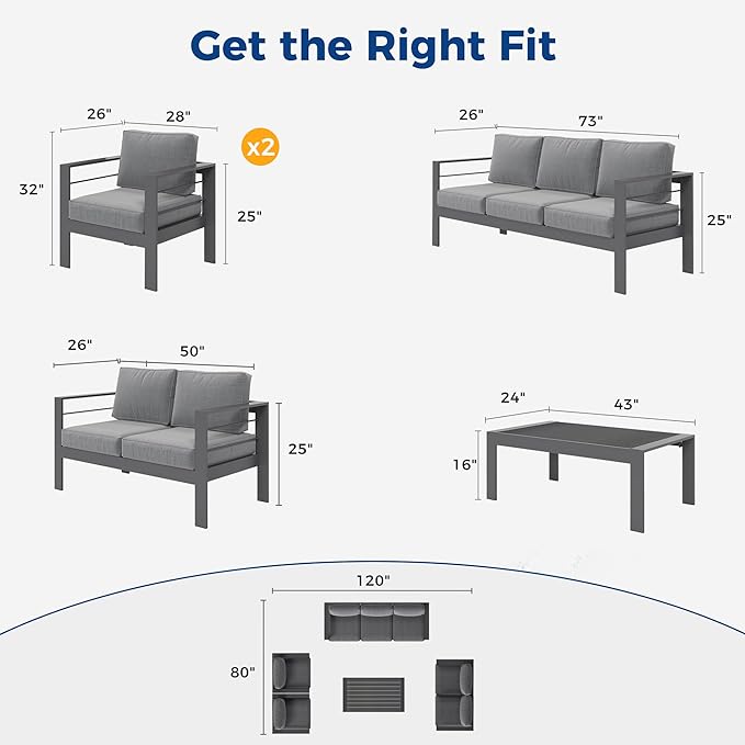 Wisteria Lane Aluminum Outdoor Patio Furniture Set, Modern Patio Conversation Sets, Outdoor Sectional Metal Sofa with 5 Inch Cushion and Coffee Table for Balcony, Garden, Dark Grey