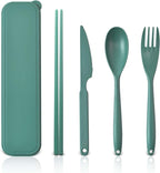 Large Reusable Travel Utensils Set with Case, Plastic Set for Adults Travel Picnic Camping, Portable Flatware Cutlery Set with Chopsticks for Daily Use(Dark Green)