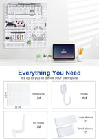 White Pegboard Wall Organizer Kit, 4 Pcs 12 x 12 in ABS Plastic Peg Board Panels with 10 Small Hooks, 2 Big Hooks, 2 Shelves, Wall Mounted Pegboard for Desk, Craft Room, Office and Kitchen Storage