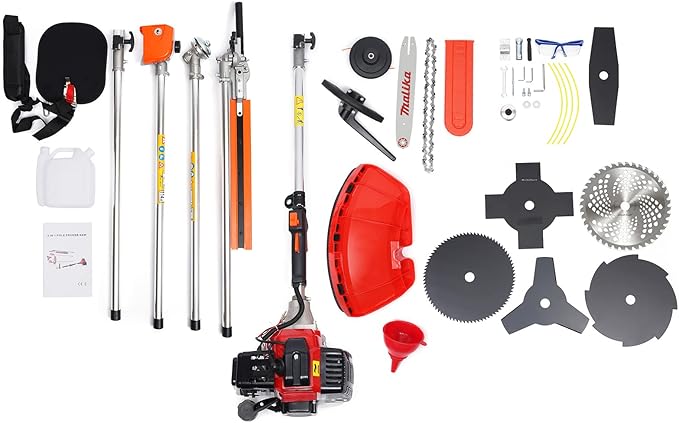 52CC 2-Strokes Brush Cutter Grass Trimmer, 10 in 1 Lawn Mower Pruner Tool Gasoline Powered Weed Wacker Brush Cutter Multifunctional Trimming Tools for Lawn and Garden Tree Trimming