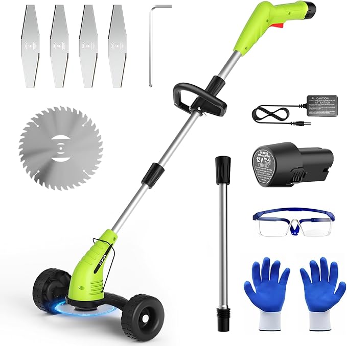 Aokia Weed Wacker Cordless for Lawn: 12V Electric String Trimmer with Wheel - Lightweight 2.0Ah Li-Ion Battery Powered for Yard, Garden, Hedge - Grass Edger with 2 Cutting Blade Types