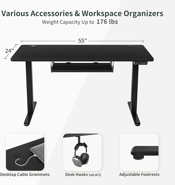 BANTI 55" x 24" Height Adjustable Electric Standing Desk with Keyboard Tray, Sit Stand up Desk with Splice Board, Black Frame/Black Top