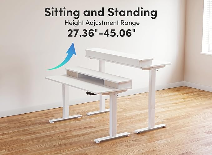 BANTI 55x24 Inch Electric Standing Desk with Double Drawers, Adjustable Height Stand Up Desk, Sit Stand Home Office Desk with Storage Shelf, White Top