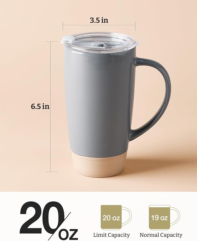 famiware Milkyway Coffee Mugs, 20oz Large Coffee Mug, Ceramic Mug Set of 2 with Lid, Cup Set with Handle for Latte, Tea, Cocoa, Milk, Home & Office, Light Gray and Dark Gray