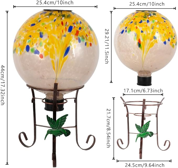 10" Diameter Solar Gazing Ball and 8.5" Metal Stand Indoor Outdoor Yard Art Ornament Coloful Spot Glass Globe Sphere Solar Gazing Balls for Garden,Lawn,Porch,Patio Birthday Gifts for Women,Mom