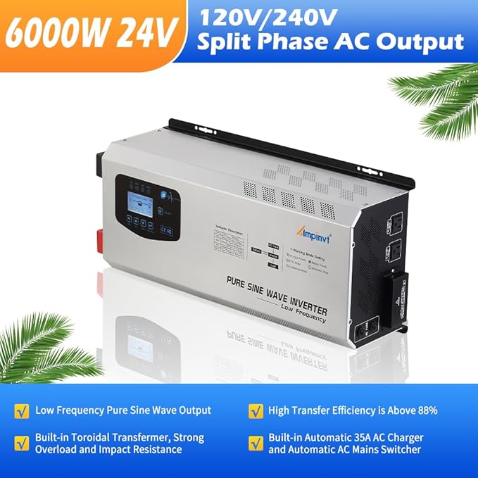 Ampinvt 6000W Peak 18000watts Pure Sine Wave Power Inverter 24V DC to AC 120V 240V Split Phase with Battery AC Charger,Off Grid Low Frequency Solar Inverter for Home