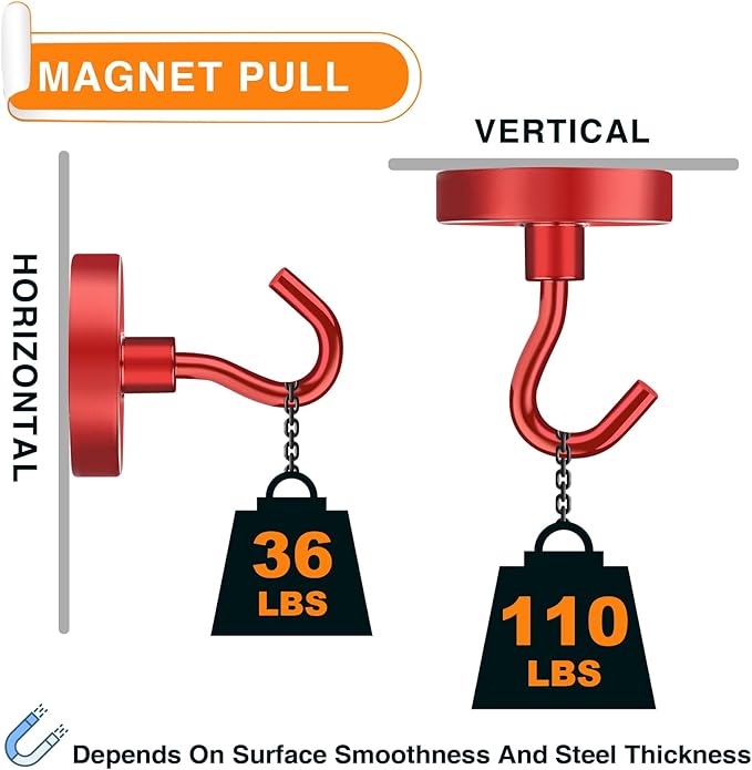 MIKEDE Strong Magnetic Hooks, 110Lbs Heavy Duty Magnetic Hooks for Cruise, Neodymium Earth Magnets with Hooks for Hanging, Super Metal Magnetic Hanger for Grill, Storage (Red,10 Pack)
