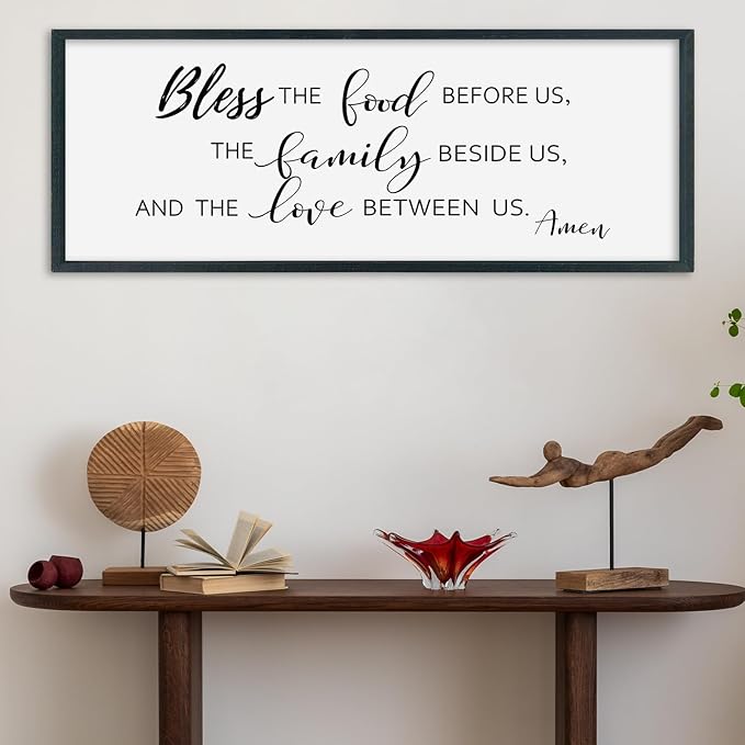 SRSZHIYUE Bless the Food Before Us Wall Sign Decor 32"×12" Christian Bible Verse for Farmhouse Rustic Kitchen Dining Room Framed Wood Scripture Religious Jesus Prayer Wall Art (Black)