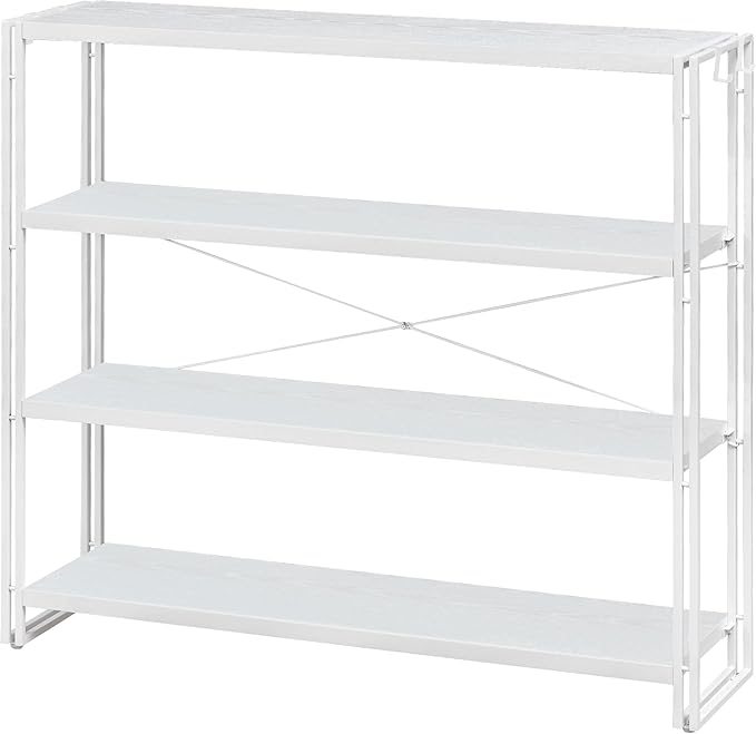HCHQHS Bookshelf, 4-Tier Industrial Bookcase, White Open Book Shelf, Freestanding Tall Bookshelves with Metal Frame