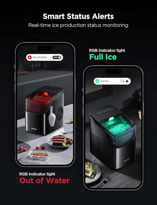 GoveeLife Smart Ice Maker Countertop, Portable Ice Machine with Voice Control, 9 Ice Cubes in 6 Minutes 3 Sizes, 26lbs/24Hrs, Self Cleaning RGB Lights, Quiet Ice Maker with Scoop for Kitchen Black