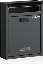 Uniclife Wall Mount Mailbox for Outside, Large Locking Mailbox, Black | Security Mail Box with Combination Lock, Safe Key Drop Box, Post Box, Steel Cash Drop Box for Home Office School