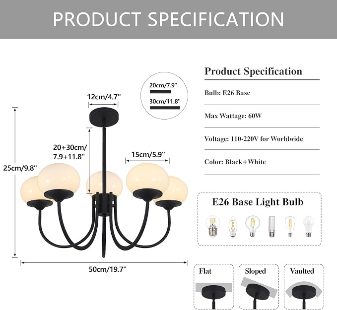 5 Light Black Milk Glass Chandelier Farmhouse Pendant Lights Kitchen Island Frosted White Globe Chandelier Mid Century Modern Dining Room Light Fixtures Over Table