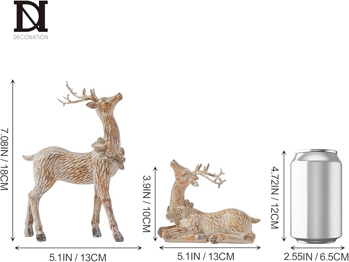 DN DECONATION 2pcs Reindeer Christmas Figurines, Tabletop Reindeer Small Christmas Decor, Brown Resin Deer Statue, Holiday Home Décor Accents for Xmas Office Living Room & Bedroom Decorations