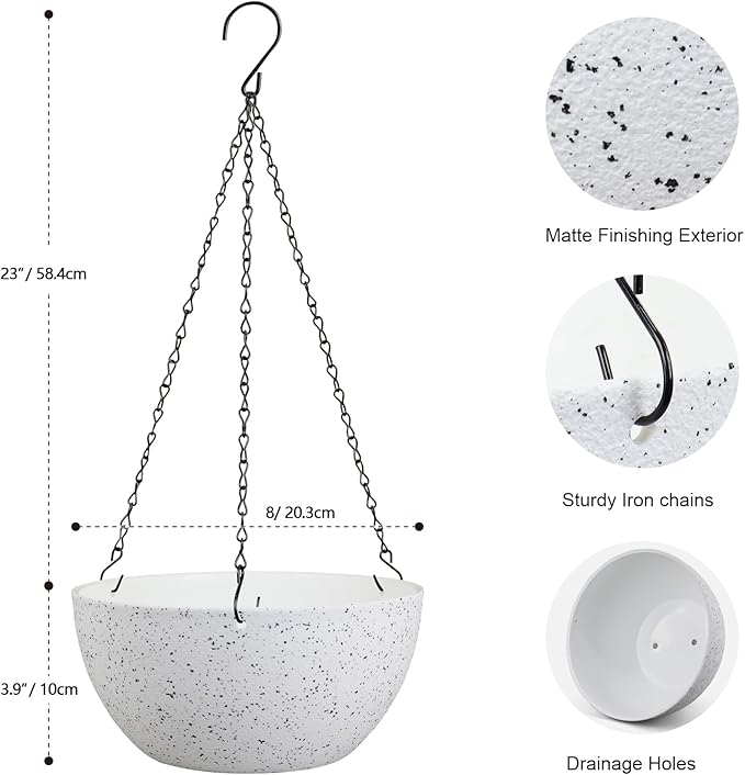 8 inch Hanging Planters for Small Indoor Outdoor Plants, 2 Pack Hanging Flower Pots with Drainage Holes and Chain for Garden Porch, Plastic Hanging Baskets for House Plants, Speckled White