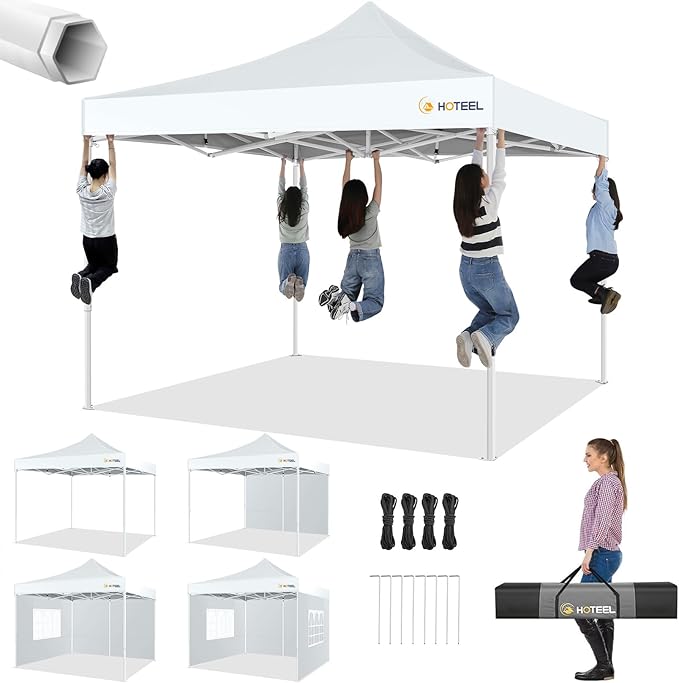 HOTEEL 10x10 Pop up Canopy Tent for Parties, Heavy Duty Easy Setup Tent with 4 Sidewalls, Outdoor Commercial Instant Gazebo for Wedding Event, with Portable Bag, White(Hexagonal Frame)