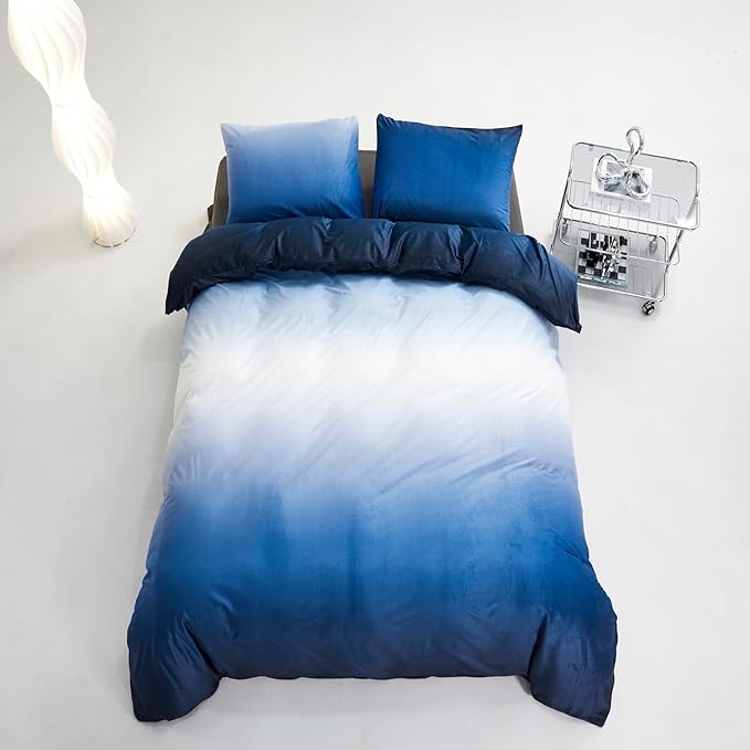 Blue White Gradient Comforter Set Full Blue Velvet Bedding Comforter Modern Plain White and Royal Blue Gradient Soft Quilt Farmhouse Flannel Comforter Warm Full Bed Comforter