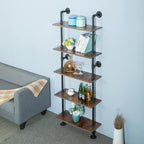5 Shelf Industrial Pipe Shelving, Black Modern Bookcase Bookshelf, Wall Mount Ladder Shelf with Metal Frame Display Selves