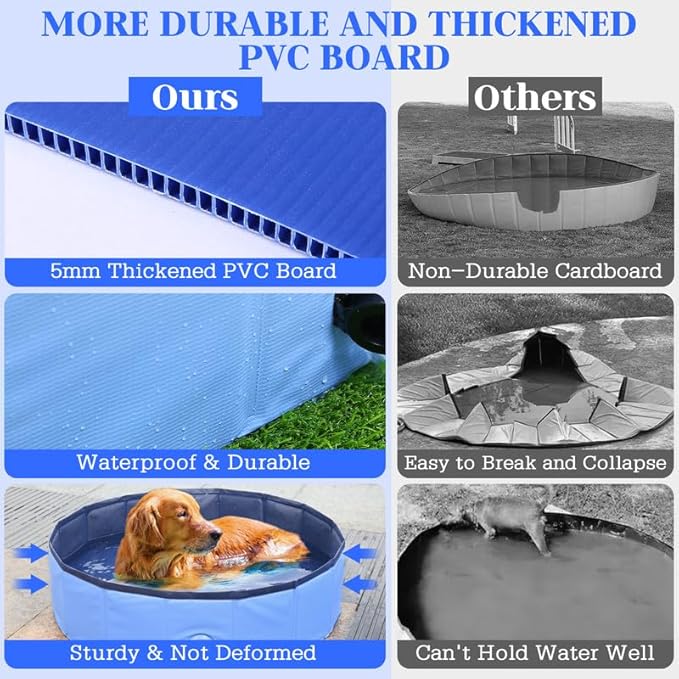 Foldable Dog Pool, Portable Pet Bath Tub and Kiddie Swimming Pool, Collapsible Bathtub for Puppies, Small, Medium and Large Dogs, Cats and Kids, 71 x 12 in, Blue