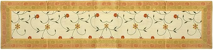 Hand Embroidered Silk Table Runner, Cream Floral Vine Design Decorative Table Linen for Dining Table, Kitchen, Coffee Table, Console, Wedding Reception, Birthday & Home Décor, 60 x 16 Inches