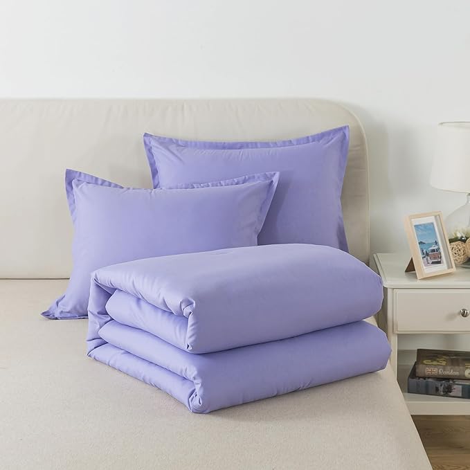 Lavender Purple Comforter Set King Size, Solid Luxury Skin-friendly Boho Bedding Set & Collections, Breathable Fluffy Microfiber 3 PCS (104"x90") Comforter Set for All Seasons