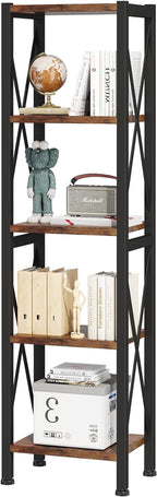 5-Tier Narrow Bookshelf, Ladder Bookshelf, Tall Bookshelf for Bedroom with Open Shelves, Office Bookshelf, Industrial Standing Bookshelf for Bedroom, Living Room and Home Office