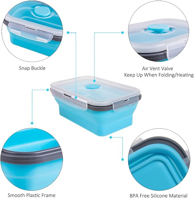Collapsible Food Storage Containers with Airtight Lid & Air Vent, 4 Sizes, Kitchen Stacking Silicone Collapsible Meal Prep Container Set for Leftover, Microwave Freezer Dishwasher Safe, Blue, Set of 4